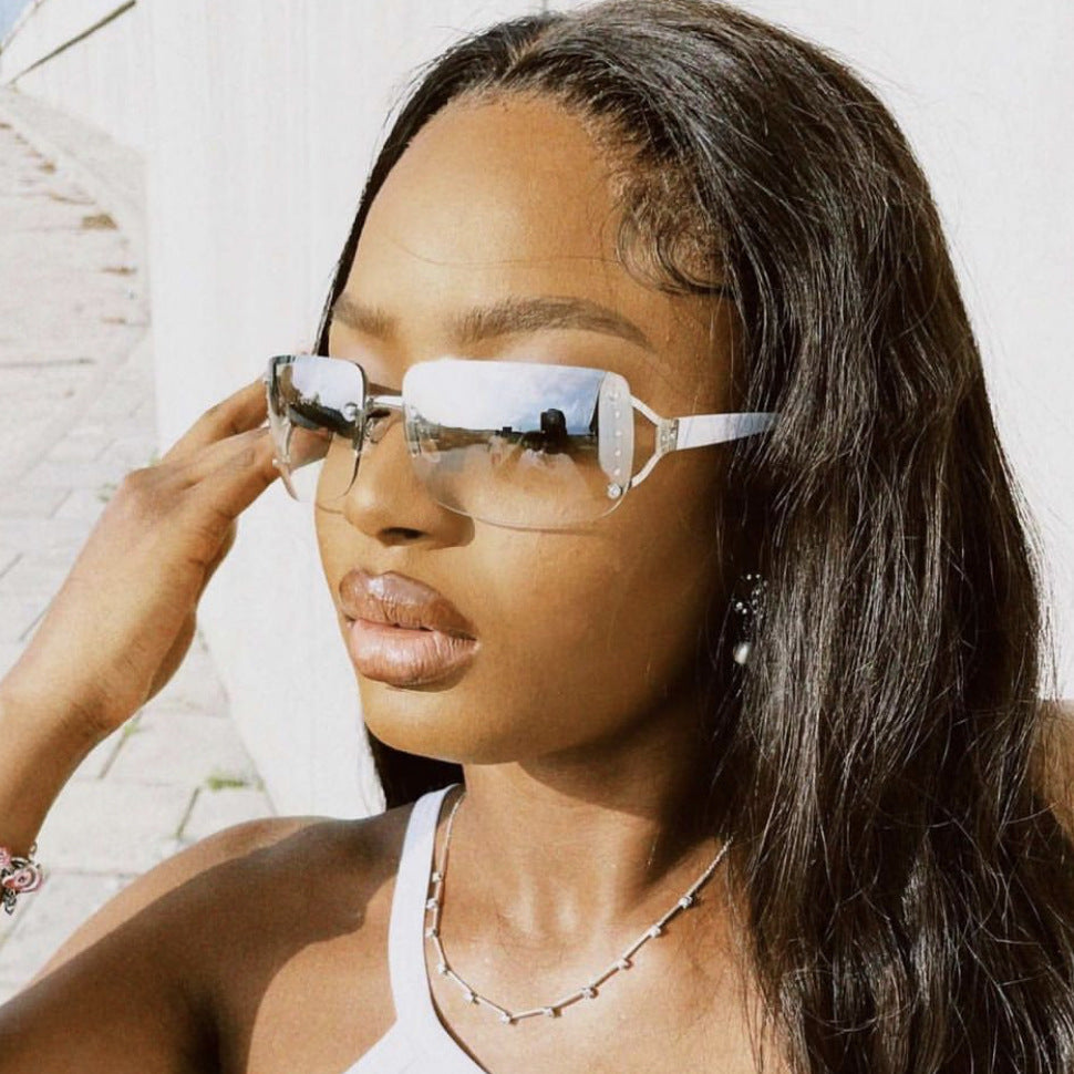 Y2K Rimless Butterfly UV400 Sunglasses for Women(Solid Grey) - Bling Rhinestone Square Frameless, Sweet & Cool Fashion