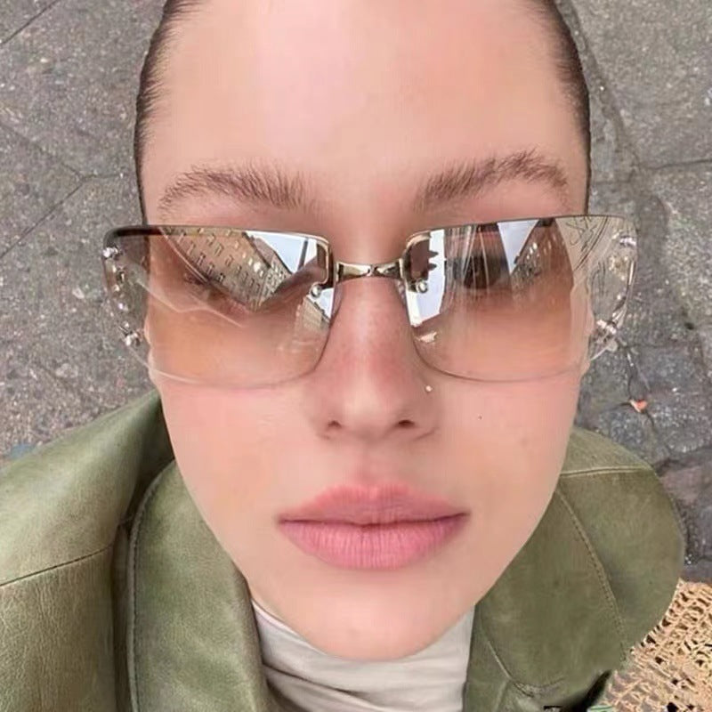Y2K Rimless Butterfly UV400 Sunglasses for Women(Solid Grey) - Bling Rhinestone Square Frameless, Sweet & Cool Fashion