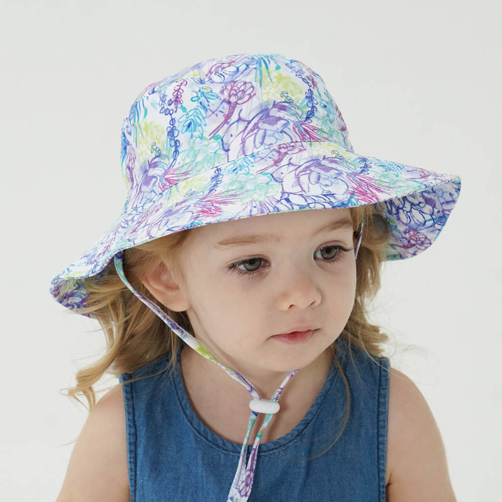 2-Pack Purple Flower Pattern Kids Sun Hat and Travel Beach Fisherman Cap(M Size for Head Circumference 52-54) - Breathable UV Protection Cap