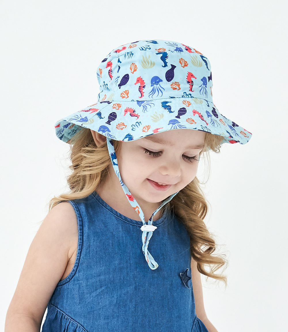 2-Pack Blue Seahorse Pattern Kids Sun Hat and Travel Beach Fisherman Cap(S Size for Head Circumference 48-50) - Breathable UV Protection Cap
