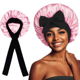 2-Pack Purple Satin Bonnet with Wide Band and Bow Tie - Hair Care Sleep Cap and Turban for Women - Side View