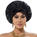 2-Pack Blue Satin Bonnet with Wide Band and Bow Tie - Hair Care Sleep Cap and Turban for Women - Top-Down View