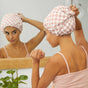 Thickened Double-Layer Pink Checkered Printed Waterproof Shower Cap for Women - Thickened Reusable Bath Hair Cover for Adults