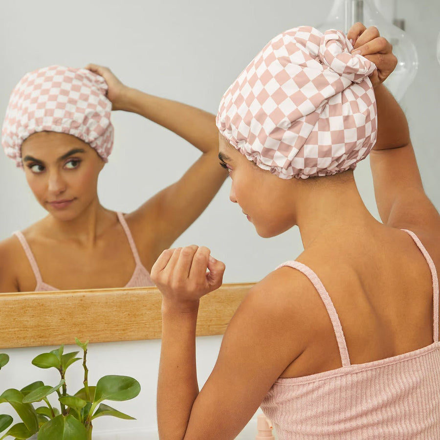 Thickened Double-Layer Pink Checkered Printed Waterproof Shower Cap for Women - Thickened Reusable Bath Hair Cover for Adults