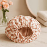 Thickened Double-Layer Pink Checkered Printed Waterproof Shower Cap for Women - Thickened Reusable Bath Hair Cover for Adults - Front View