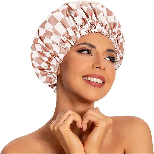 Thickened Double-Layer Pink Checkered Printed Waterproof Shower Cap for Women - Thickened Reusable Bath Hair Cover for Adults