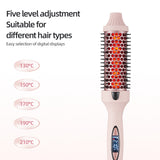 2-in-1 Pink Volumizing Hair Straightening Brush & Curling Iron - Tourmaline Ceramic Heating, With 5 Adjustable Temperature Settings and Anti-Scald Shell