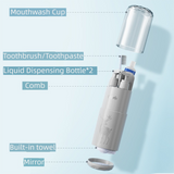 Blue Deluxe 8-in-1 Travel Toiletry Set - Portable All-in-One Toothbrush Holder, Wash Cup, Towel and 2 * Refill Bottles for Travel & Camping - Front View