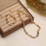 White-Gold Elegant Light Luxury Geometric Colorful Gemstone Bracelet (L: 16-21CM) - Copper Cuban Chain Cuff - Front View