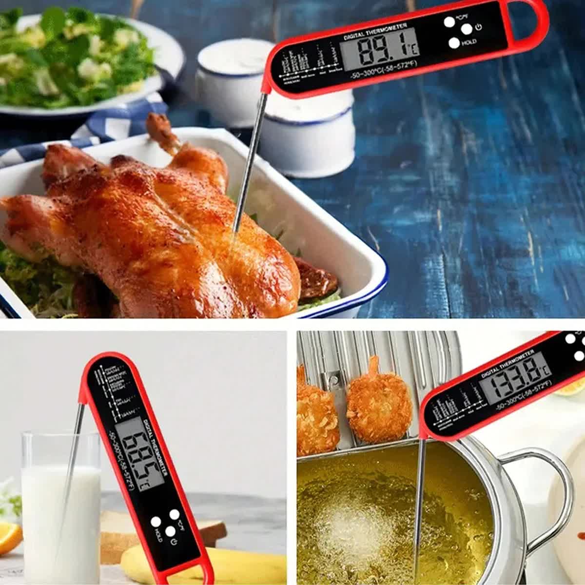 Red Folding Probe Digital LED Food Thermometer(-50℃ to 300℃) - Kitchen Cooking BBQ Meat Milk Temperature Gauge, High Accuracy with Magnet & Hanging Hole