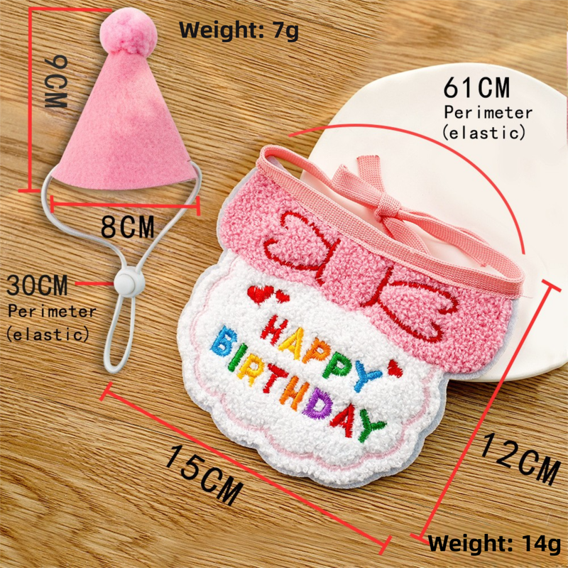 4-Pack Adorable Pet Dog Cat Birthday Party Hat & Bib Set(Pink & Light Blue) - Embroidered Bandana Bib & Felt Party Hat, Adjustable Tie-On Dress-Up Accessories