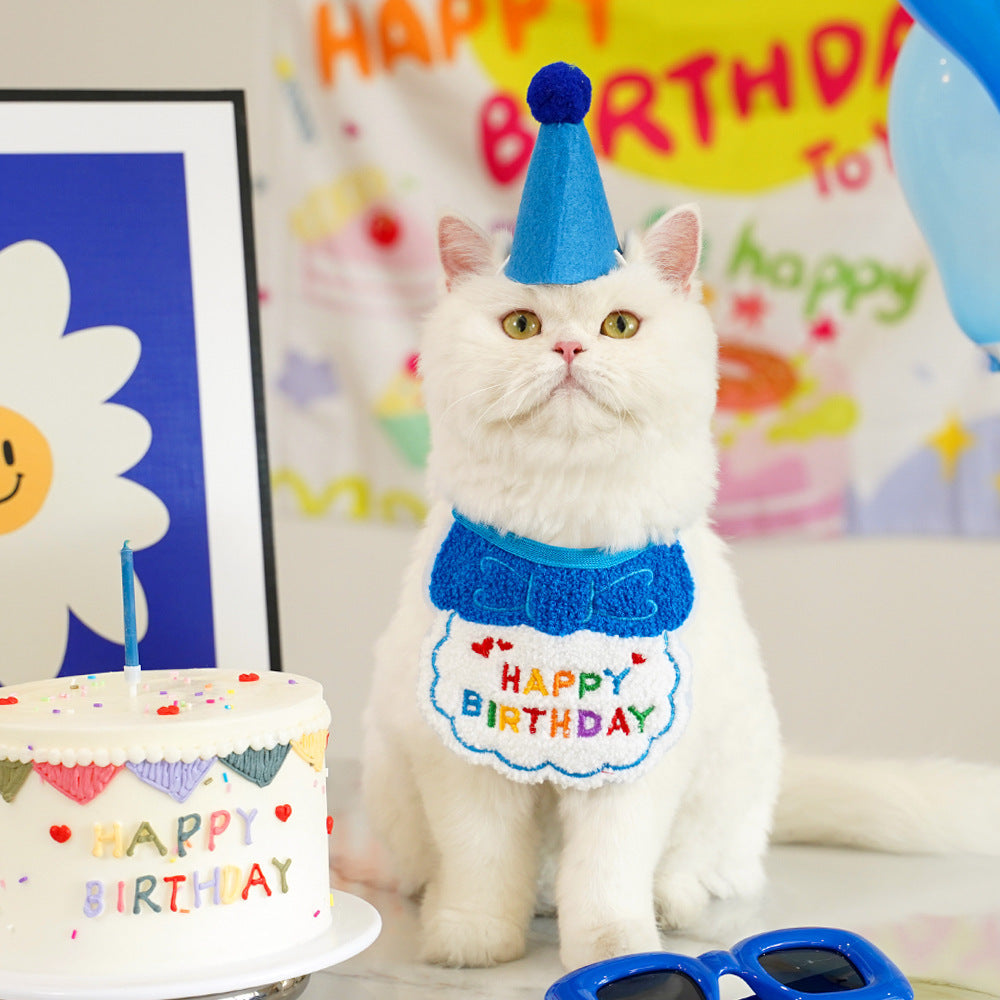 4-Pack Adorable Pet Dog Cat Birthday Party Hat & Bib Set(Purple & Dark-Blue) - Embroidered Bandana Bib & Felt Party Hat, Adjustable Tie-On Dress-Up Accessories
