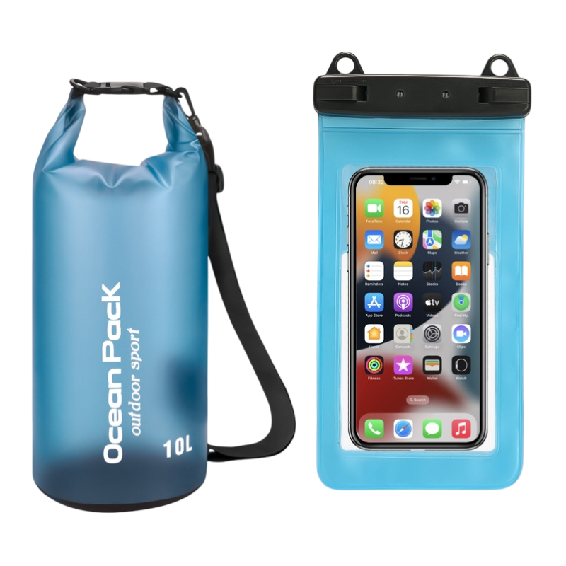 Blue 10L PVC Waterproof Swimming Bag Bonus with Waterproof Phone Pouch - Roll-Top Floating Dry Gear Bags for Beach, Kayaking & Outdoor Sports