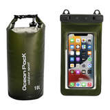 Dark Green 10L PVC Waterproof Swimming Bag Bonus with Waterproof Phone Pouch - Roll-Top Floating Dry Gear Bags for Beach, Kayaking & Outdoor Sports