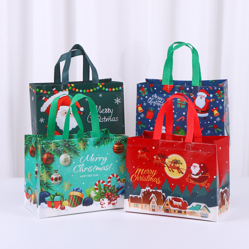 8-Pack New Christmas Red Non-Woven Tote Bags(32 x 25 x 17 CM) - Santa Sleigh & Forest Design, Holiday Reusable Gift Carrier Bags