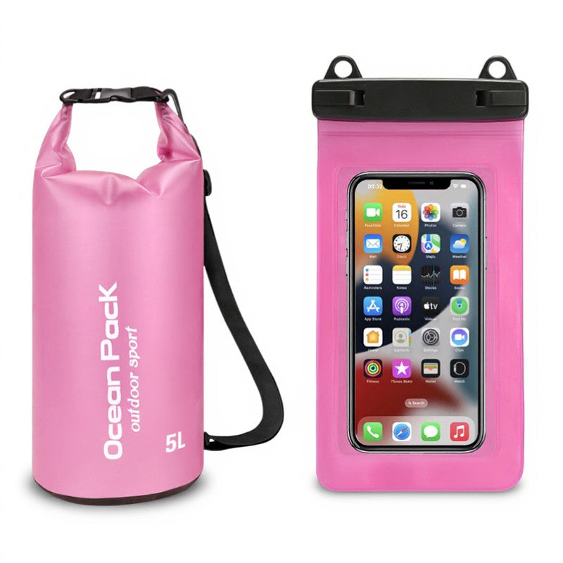 Pink 5L PVC Waterproof Swimming Bag Bonus with Waterproof Phone Pouch - Roll-Top Floating Dry Gear Bags for Beach, Kayaking & Outdoor Sports