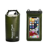 Dark Green 20L PVC Waterproof Swimming Bag Bonus with Waterproof Phone Pouch - Roll-Top Floating Dry Gear Bags for Beach, Kayaking & Outdoor Sports