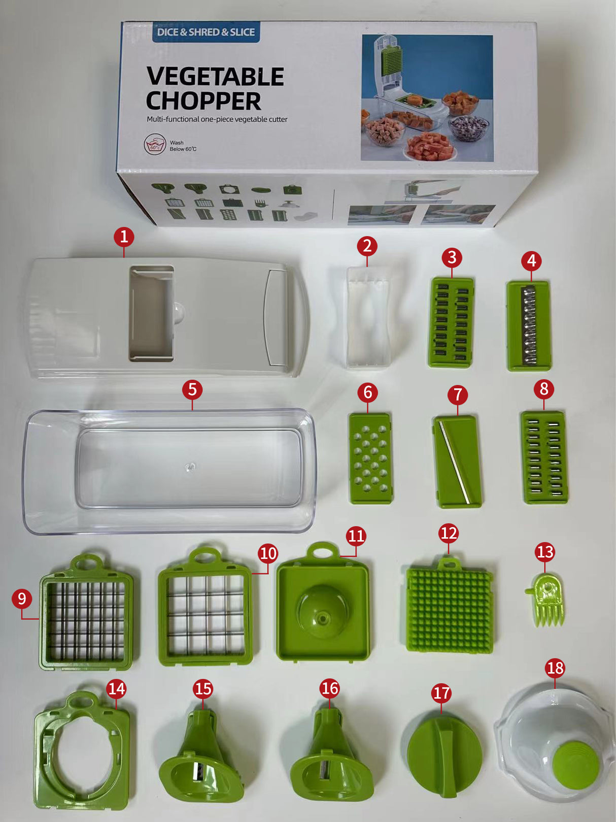 18-Piece White-Green Multi-Function Vegetable Chopper & Slicer Set - Rotary Grater with 5 Muti-Style Stainless Steel Blades for Home Kitchen