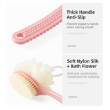 2-Pack Pink 2-in-1 Soft Bristle Long Handle Bath Brush & Shower Pouf Combo - Double-Sided Back Scrubber for Adults & Kids - Top-Down View