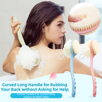 2-Pack Blue 2-in-1 Soft Bristle Long Handle Bath Brush & Shower Pouf Combo - Double-Sided Back Scrubber for Adults & Kids