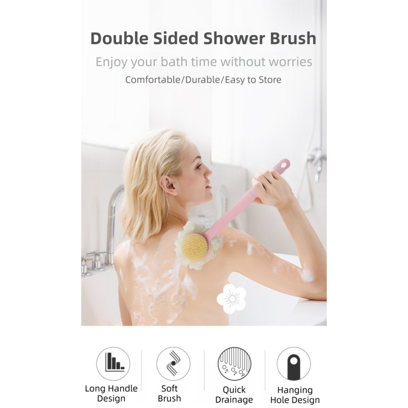 2-Pack Blue 2-in-1 Soft Bristle Long Handle Bath Brush & Shower Pouf Combo - Double-Sided Back Scrubber for Adults & Kids