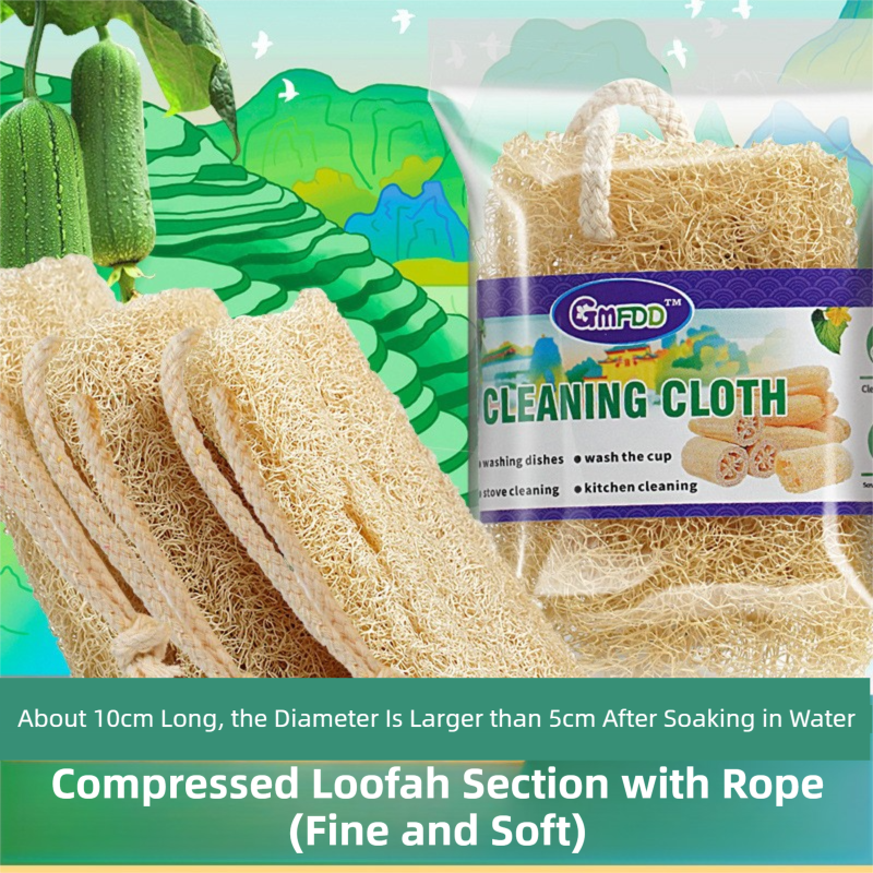 4-Pack Premium Soft Square Natural Loofah Segment Scrubber With Hanging Rope - Zero Waste Kitchen & Bath Loofah (Expands to >5cm Diameter & L 10CM)