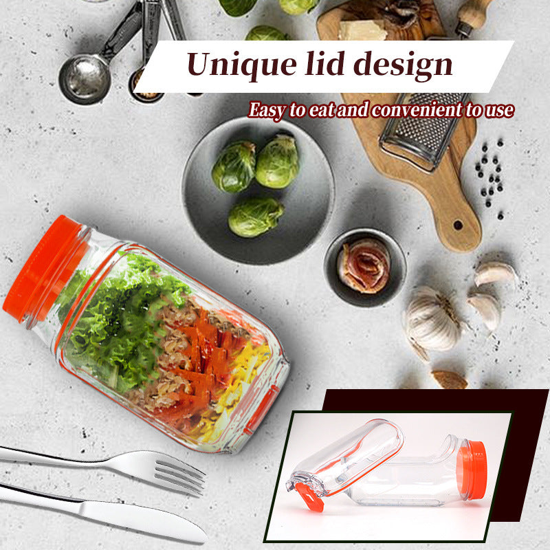 Green Portable All-in-One Side-Opening Salad Container Jar with Fork(10.5x19CM) - Plastic Layered Meal Storage Cup for Kitchen & On-the-Go