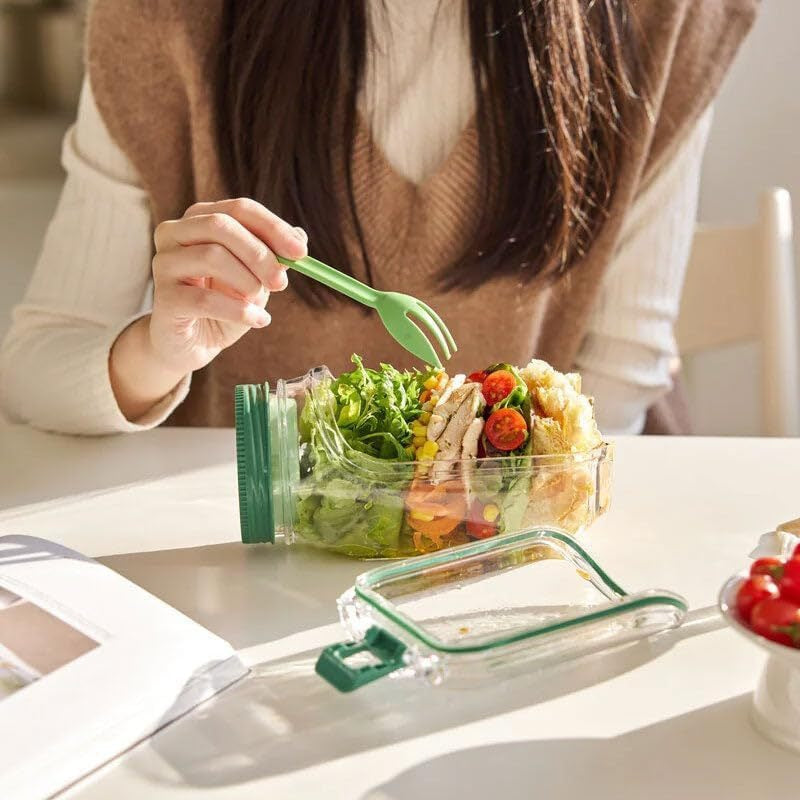 Orange Portable All-in-One Side-Opening Salad Container Jar with Fork(10.5x19CM) - Plastic Layered Meal Storage Cup for Kitchen & On-the-Go
