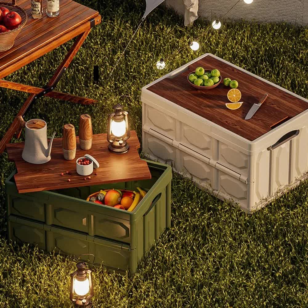 White Collapsible Medium Standard Storage Box with Wooden Table Top(42x28x23CM) - Car Trunk Organiser for Australian Camping & Home Use