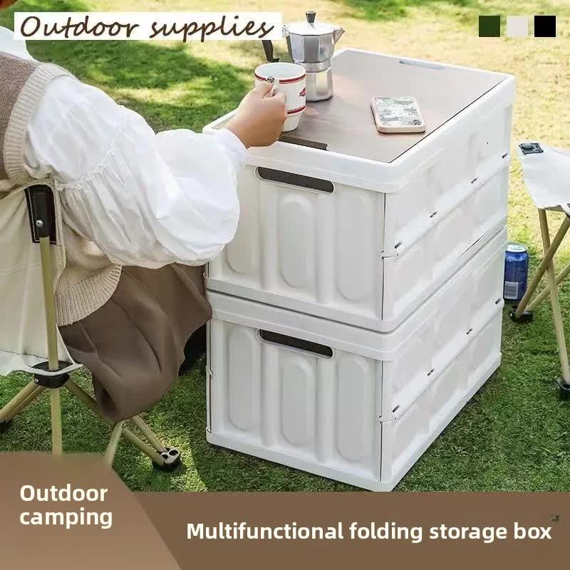 White Collapsible Medium Handle Storage Box with Wooden Table Top(42x28x23CM) - Car Trunk Organiser for Australian Camping & Home Use