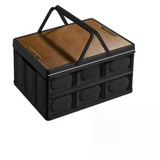Black Collapsible Medium Handle Storage Box with Wooden Table Top(42x28x23CM) - Car Trunk Organiser for Australian Camping & Home Use