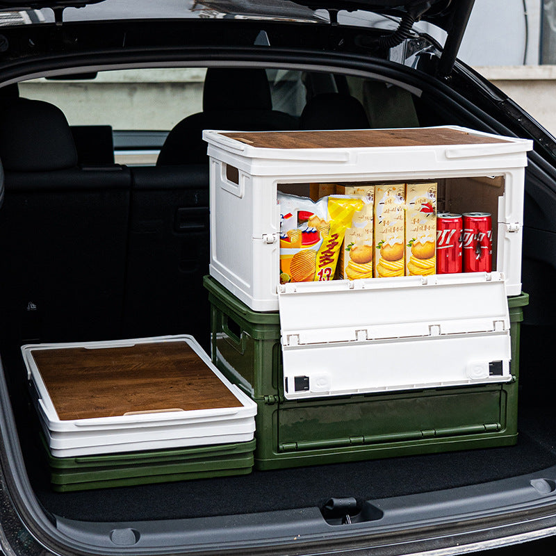 White Collapsible Medium Side-Open Storage Box with Wooden Table Top(42x28x23CM) - Car Trunk Organiser for Australian Camping & Home Use