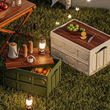 Green Collapsible Medium Side-Open Storage Box with Wooden Table Top(42x28x23CM) - Car Trunk Organiser for Australian Camping & Home Use - Top-Down View