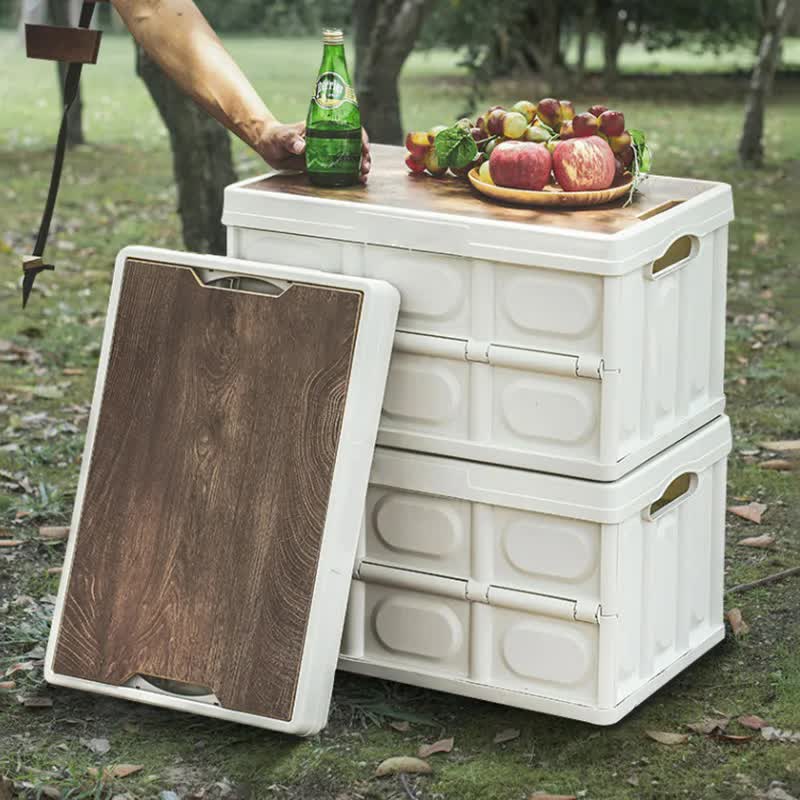 Green Collapsible Medium Side-Open Storage Box with Wooden Table Top(42x28x23CM) - Car Trunk Organiser for Australian Camping & Home Use