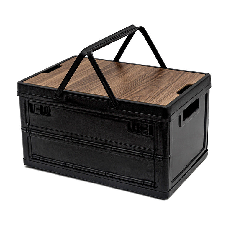 Black Collapsible Medium Side-Open Handle Storage Box with Wooden Table Top(42x28x23CM) - Car Trunk Organiser for Australian Camping & Home Use