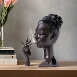 Black Elegant African Woman Head Incense Burner - Creative Desktop Sculpture & Resin Craft - Front View