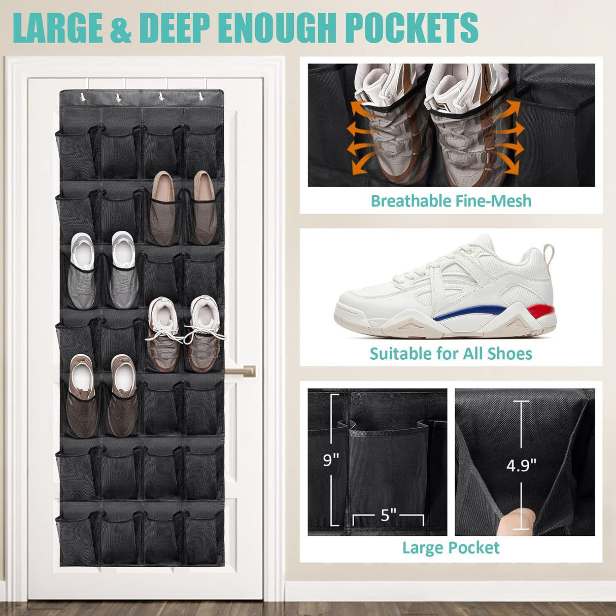 Black 28-Pocket Over-the-Door Shoe Organizer with Breathable Mesh – Wall Hanging Storage Bag for Shoes, Boots, and Accessories