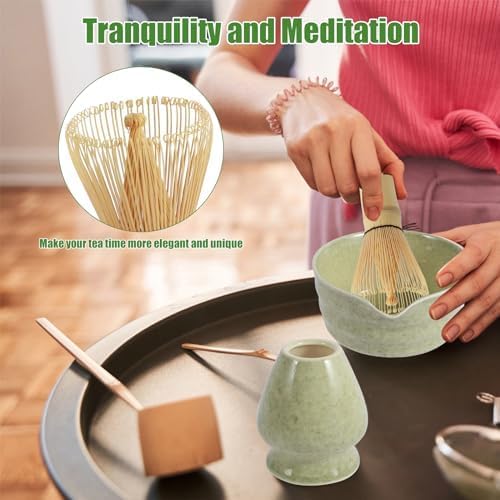 Deep matcha green Complete Matcha Tea Ceremony Set - 4-Piece Japanese Traditional Whisk, Bowl, Whisk Holder & Scoop for Authentic Preparation at Home