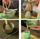 Red and white Complete Matcha Tea Ceremony Set - 4-Piece Japanese Traditional Whisk, Bowl, Whisk Holder & Scoop for Authentic Preparation at Home - Side View