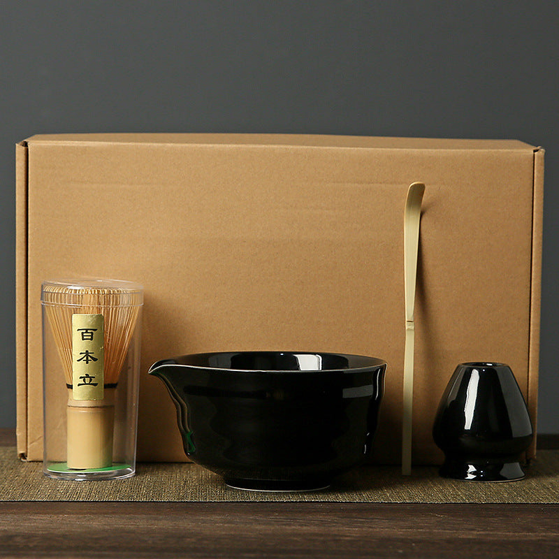Black Complete Matcha Tea Ceremony Set - 4-Piece Japanese Traditional Whisk, Bowl, Whisk Holder & Scoop for Authentic Preparation at Home