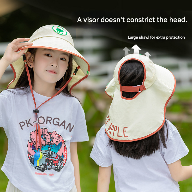 Grey Kids UV Protection Sun Hat - Breathable Wide Brim Bucket Hat with Neck Flap for Summer Beach & Outdoor Play