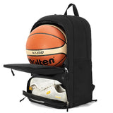Black Sports Backpack with Separate Shoe & Ball Compartments - Waterproof Gym Bag for Basketball, Soccer, Travel & Daily Use - Front View