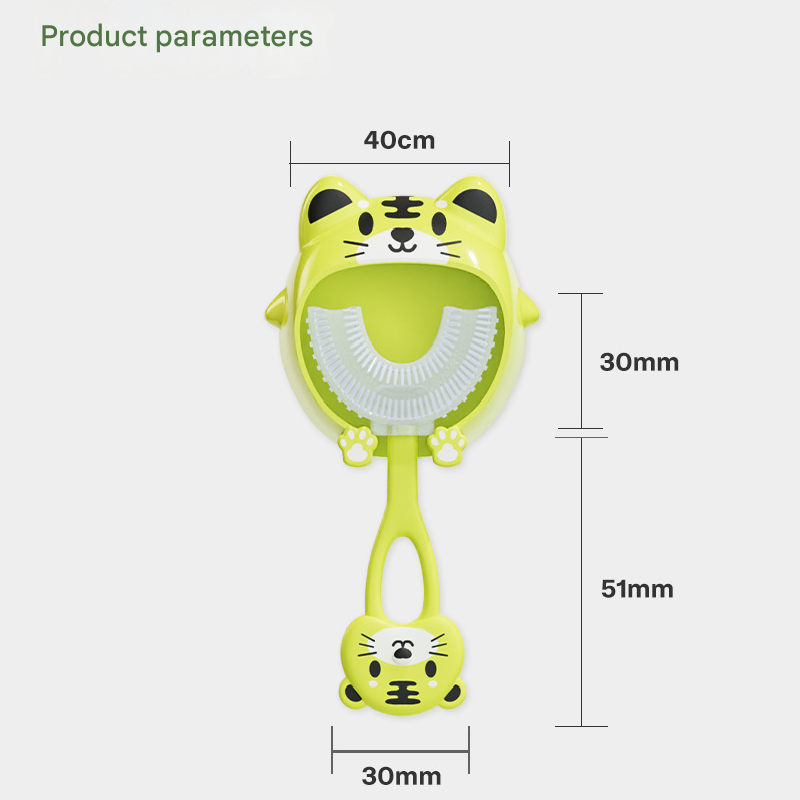 Green tiger U-Shaped Kids Toothbrush - Food Grade Silicone Manual Toothbrush for 2-12 Year Olds - 360 degree Full Mouth Cleaning Baby Oral Care - Comes with Wall Mount Holder