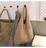 Shallow khaki patchwork Bohemian Knit Shoulder Bag - Hand-Woven Crochet Tote for Women