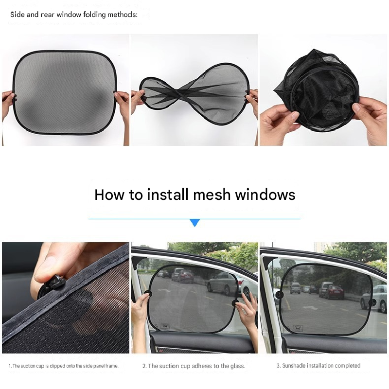 Black Universal Car Window Sun Shade Set - Mesh Fabric UV Protection(One solid rear panel + two angled panels + two solid side panels)