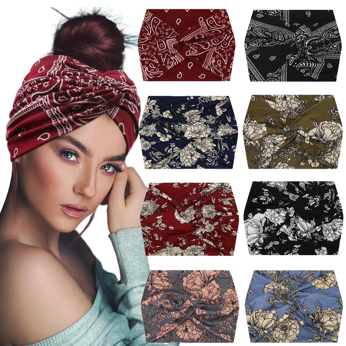 5-PCS Yellow Women's Extra Wide Turban Headband - Elastic Yoga & Sports Hair Wrap