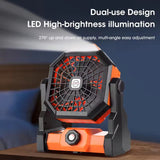 Black and orange Portable Outdoor Camping Fan with LED Light - Rechargeable USB Tent Fan for Australia - Top-Down View