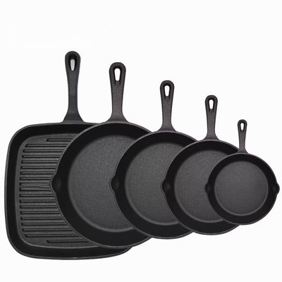 Five-piece set Heavy Duty Cast Iron Skillet & Grill Pan Thickened Vintage Style Cookware for Steak Breakfast & Camping