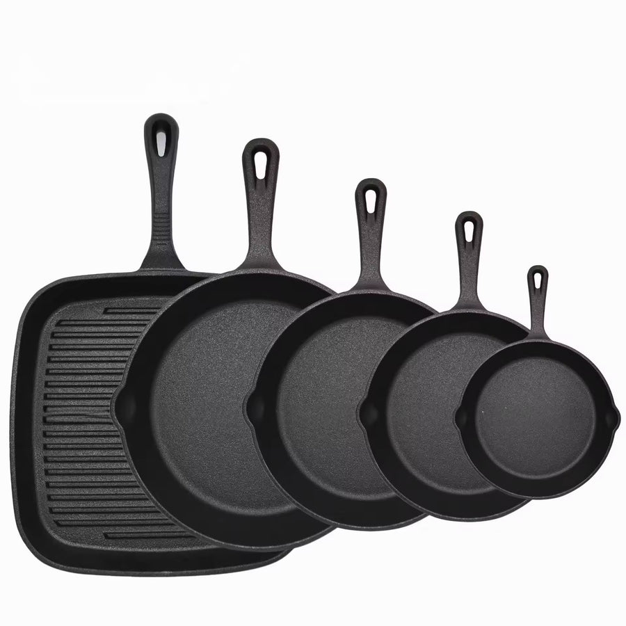 Five-piece set Heavy Duty Cast Iron Skillet & Grill Pan Thickened Vintage Style Cookware for Steak Breakfast & Camping