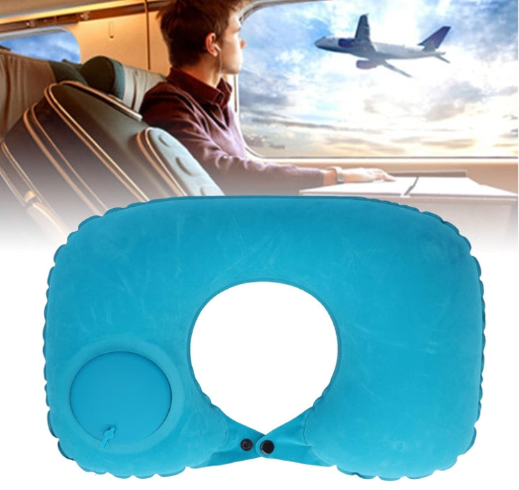 2-PCS Sky blue  Inflatable Travel Neck Pillow Press to Inflate U-Shape Soft Flocking Support Cushion for Airplane Car & Camping Portable Air Pump Design